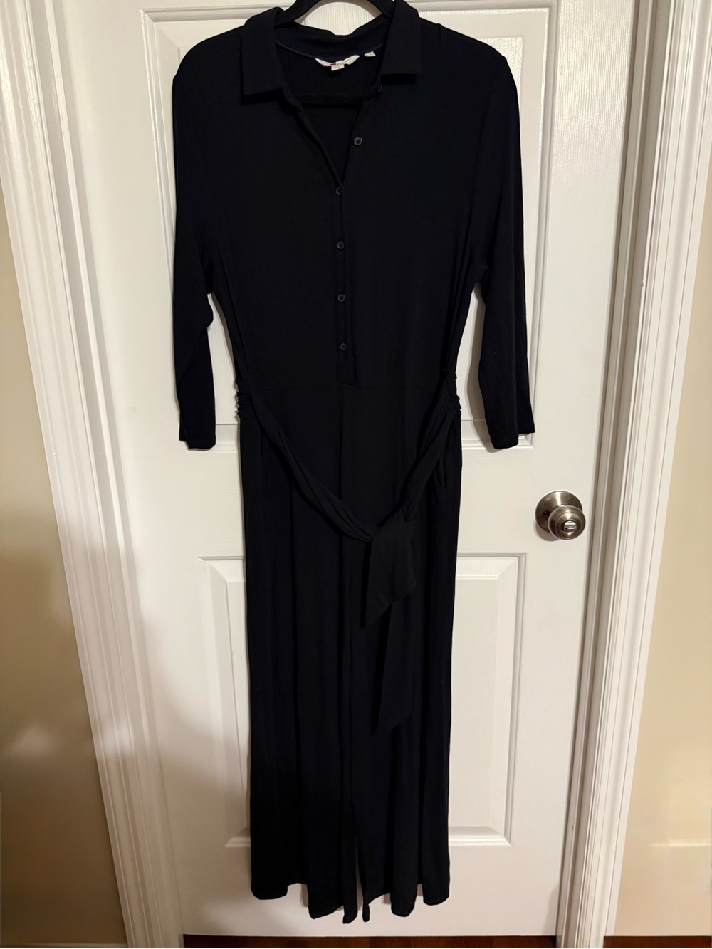 Boden Black Jersey Shirt Jumpsuit 10T Tall Long Sleeve Wide Leg Tied Belt